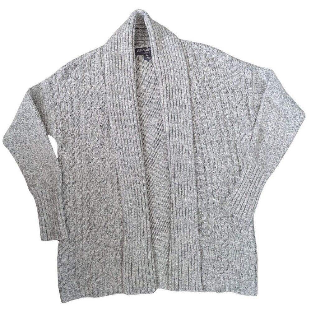 Eddie Bauer Lounge Chunky Cable Knit Cardigan Sweater Women XS/S Gray Open Front